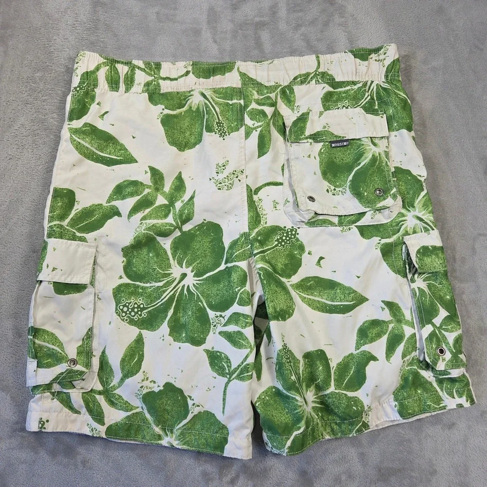Mossimo Men Green White Hibiscus Floral Cargo Swim Trunks Mesh Lined M Y2k 2000s